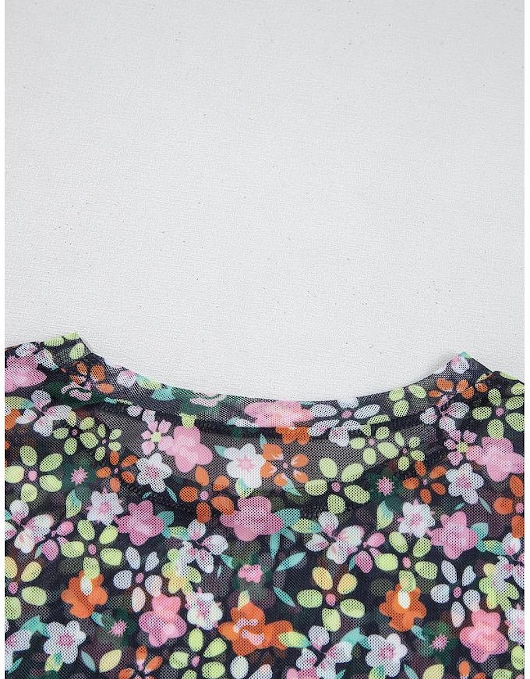 Black Sheer Floral Mesh Round Neck T Shirt