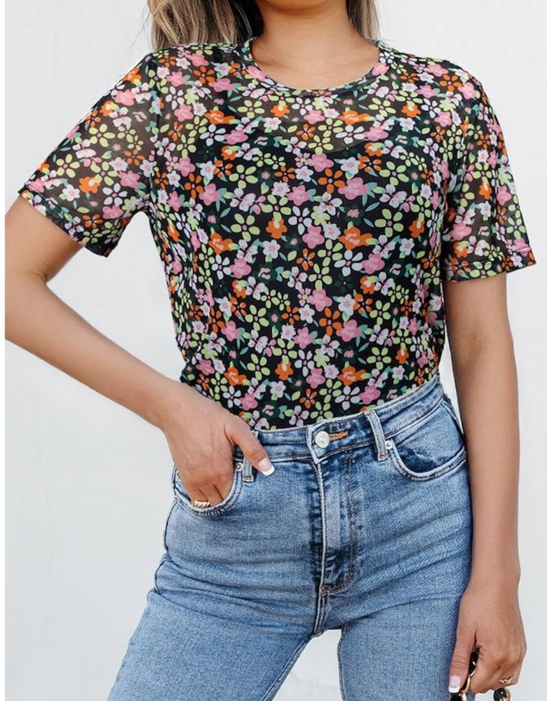 Black Sheer Floral Mesh Round Neck T Shirt