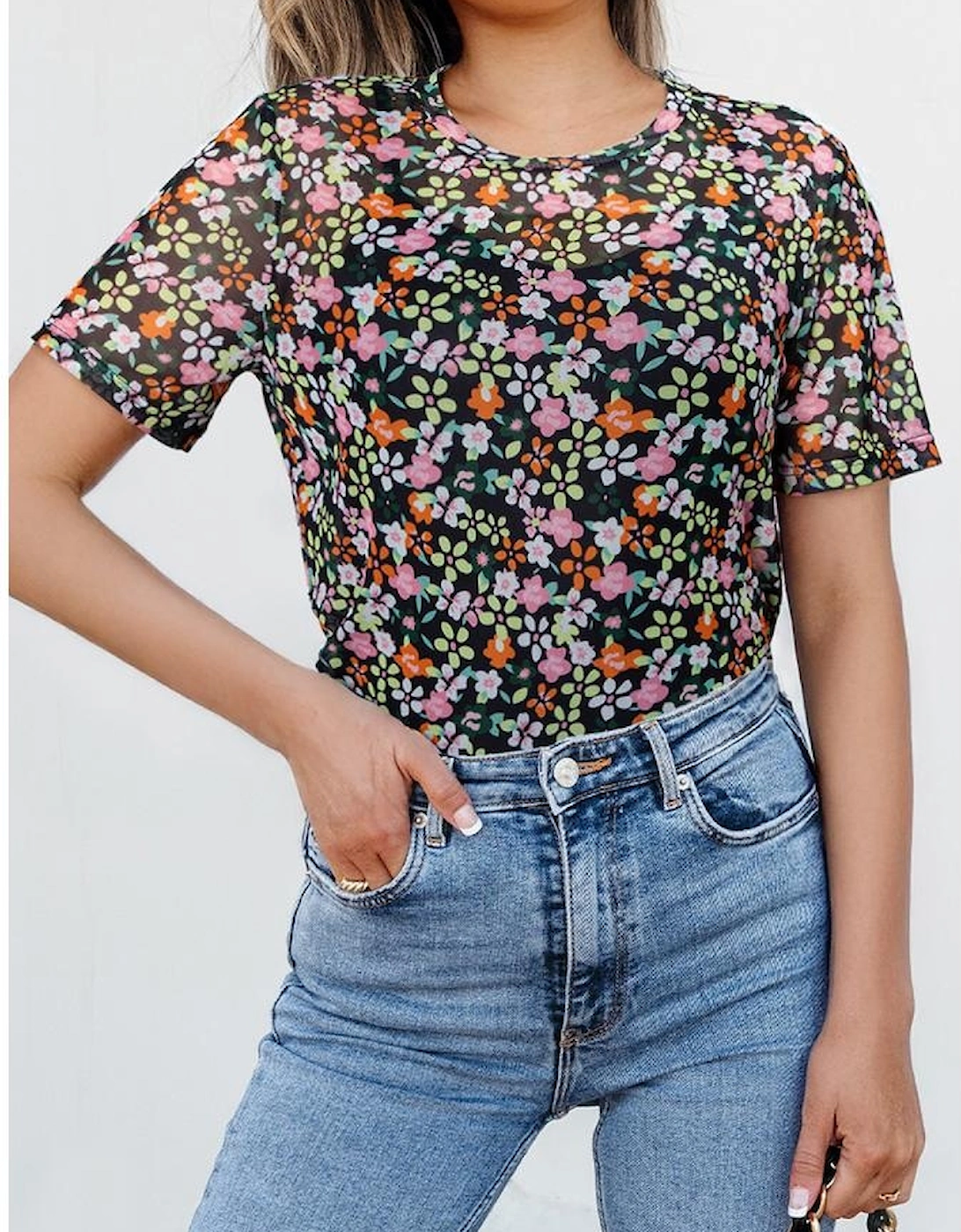 Black Sheer Floral Mesh Round Neck T Shirt