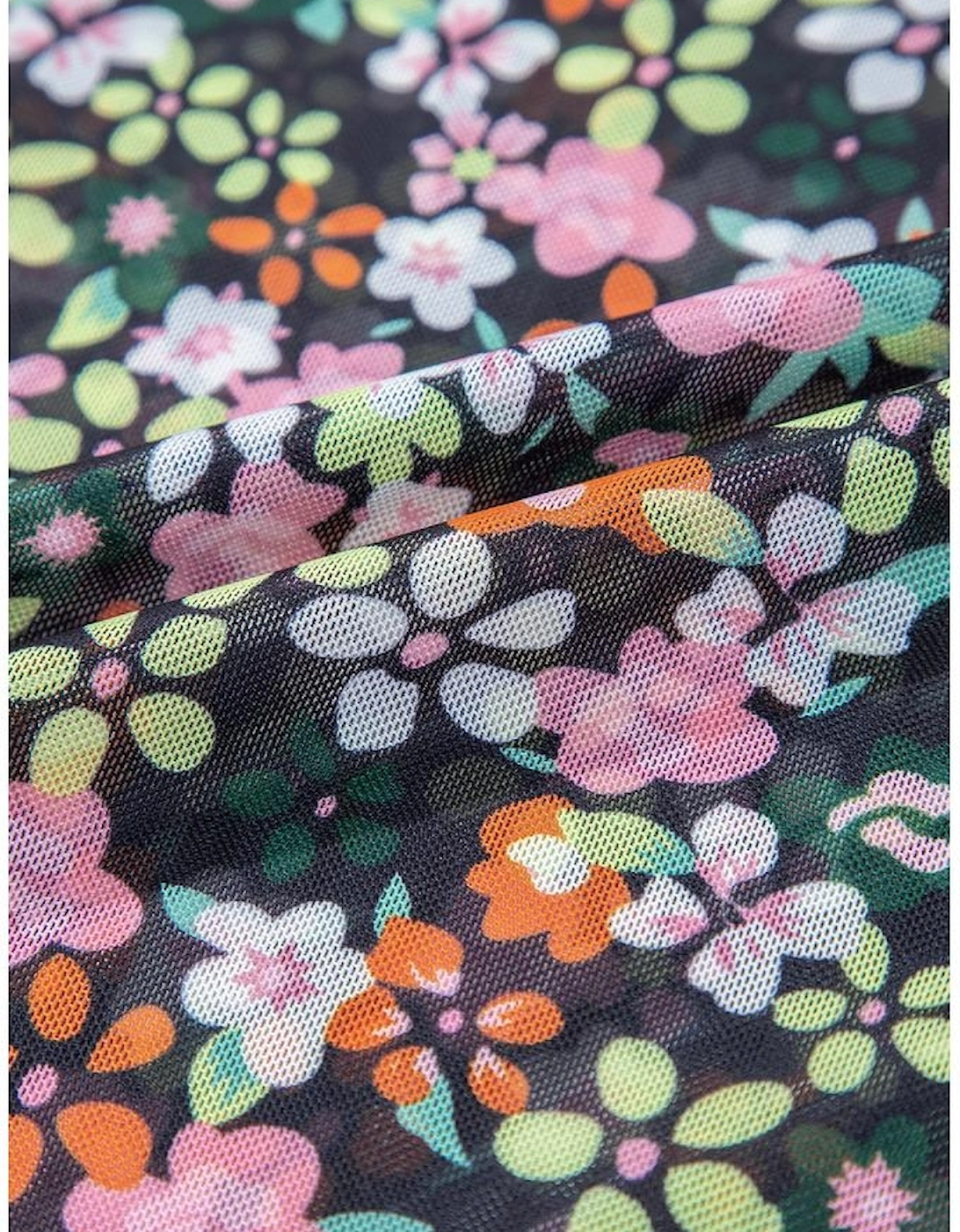 Black Sheer Floral Mesh Round Neck T Shirt