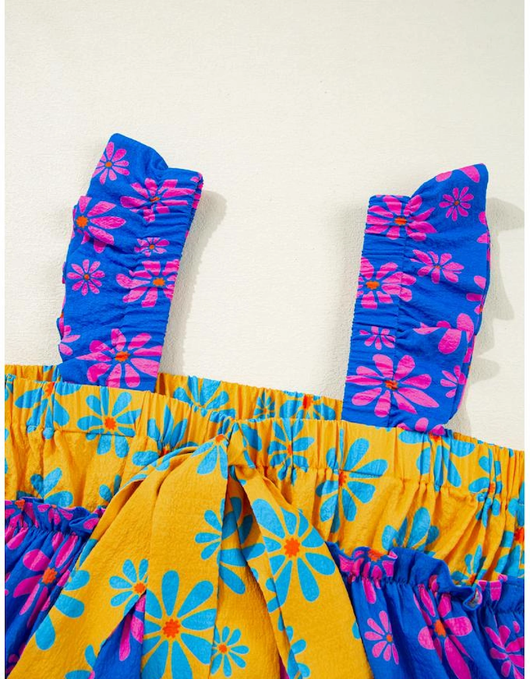 Blue Floral Colorblock Flutter Straps Flowy Tank Top