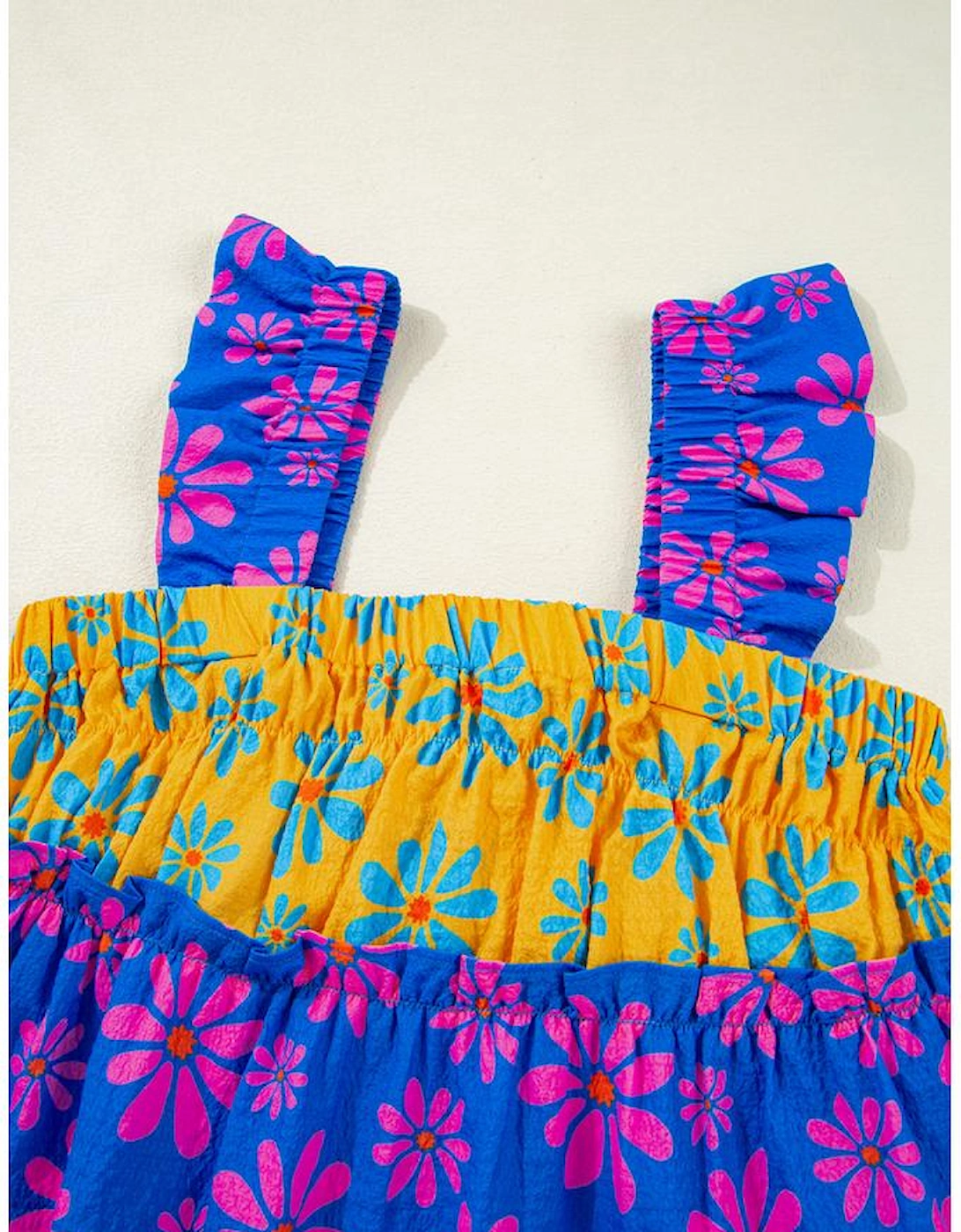 Blue Floral Colorblock Flutter Straps Flowy Tank Top