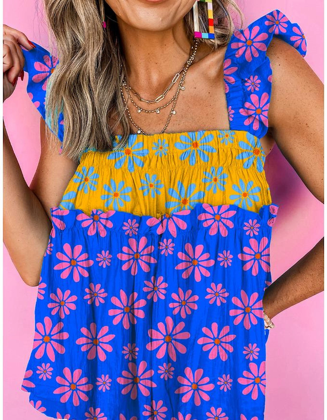 Blue Floral Colorblock Flutter Straps Flowy Tank Top