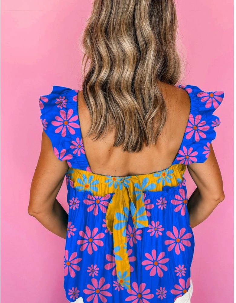 Blue Floral Colorblock Flutter Straps Flowy Tank Top