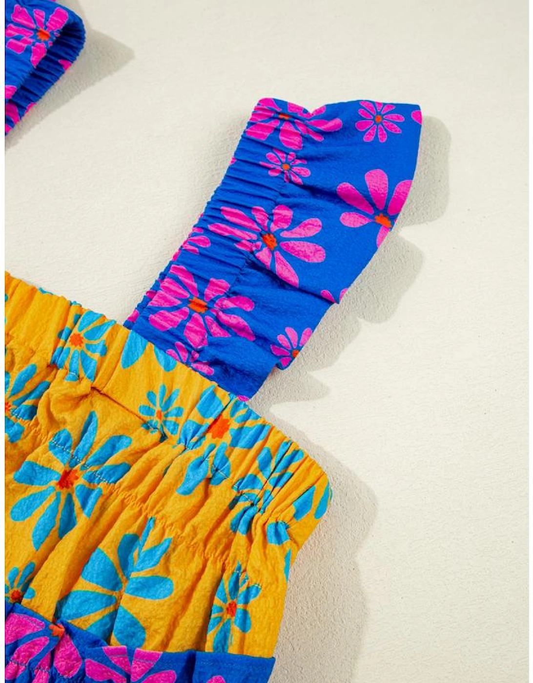 Blue Floral Colorblock Flutter Straps Flowy Tank Top