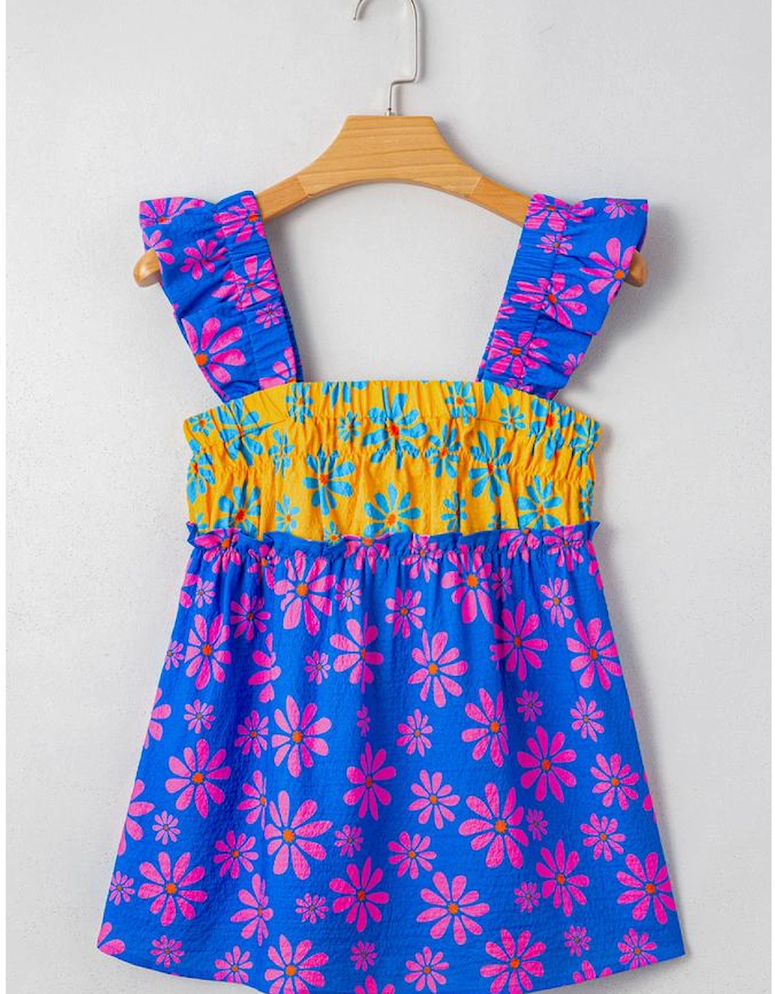 Blue Floral Colorblock Flutter Straps Flowy Tank Top