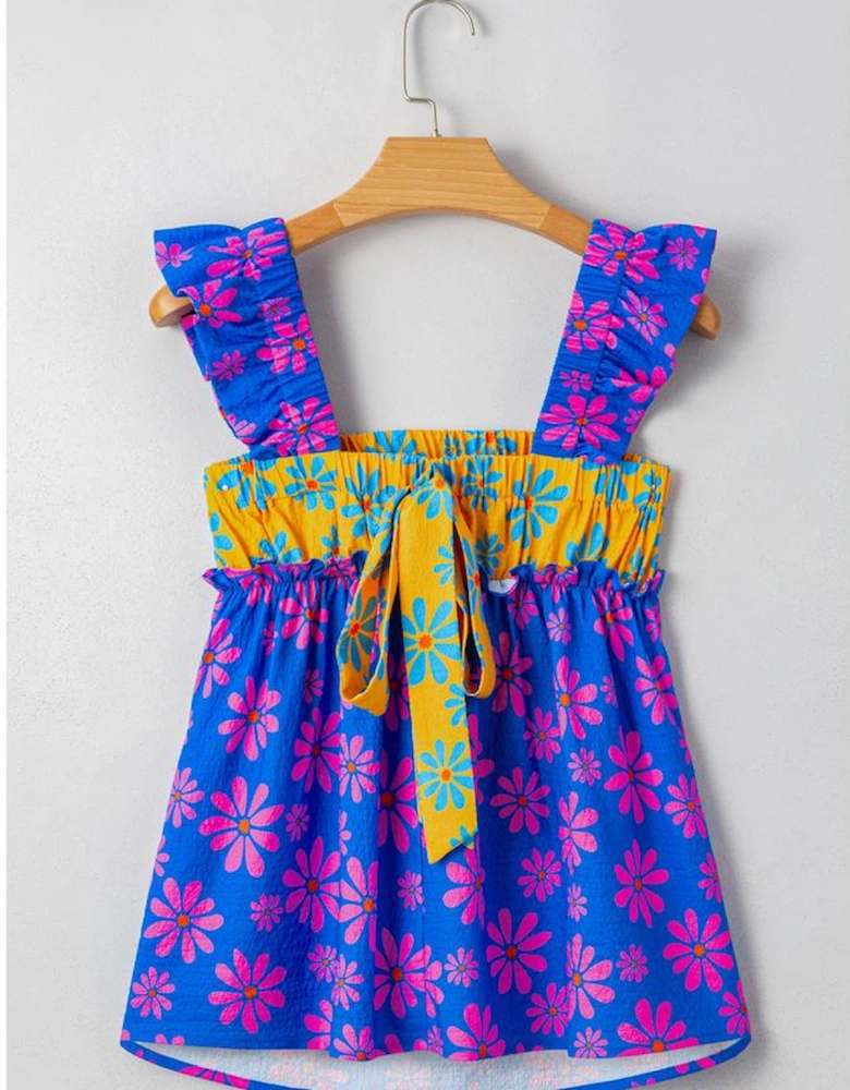 Blue Floral Colorblock Flutter Straps Flowy Tank Top