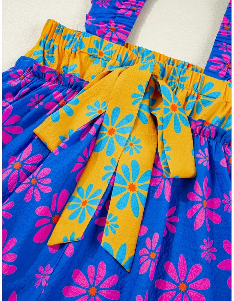 Blue Floral Colorblock Flutter Straps Flowy Tank Top