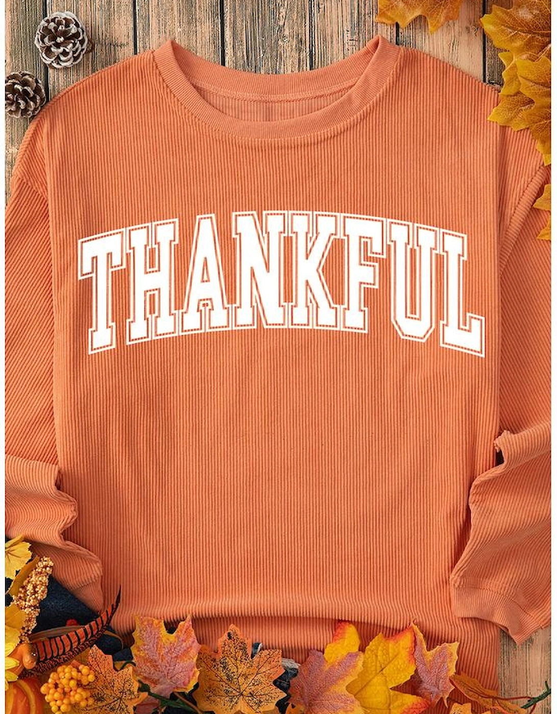 Orange THANKFUL Crew Neck Pullover Sweatshirt
