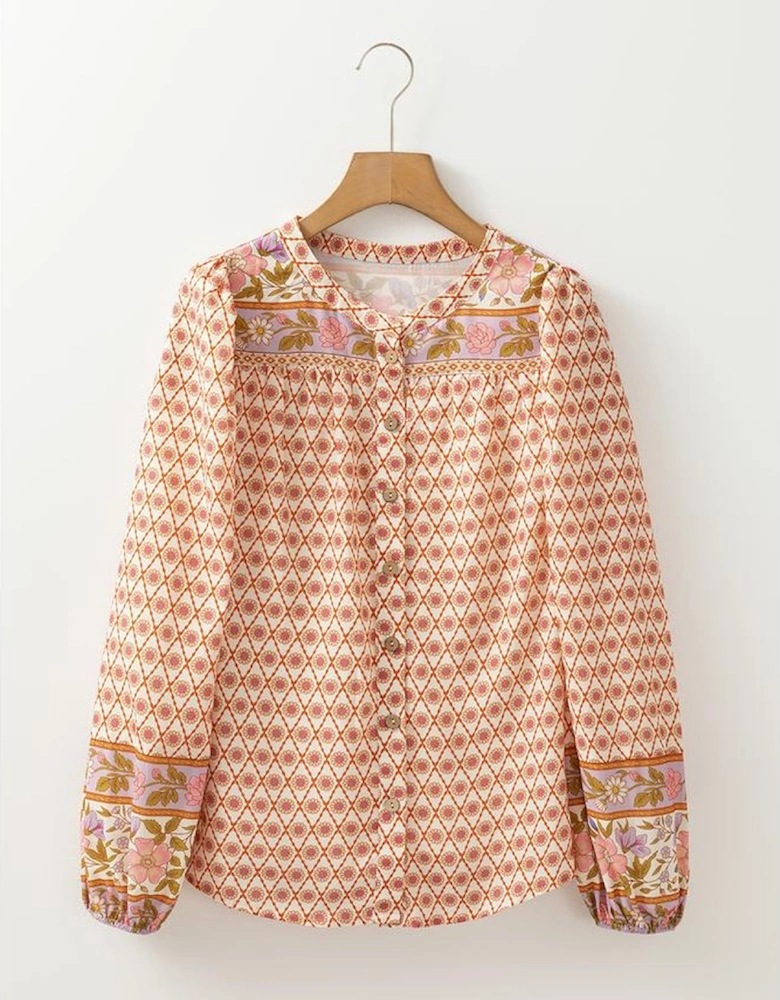 Multicolour Boho Floral Mixed Print Puff Sleeve Shirt