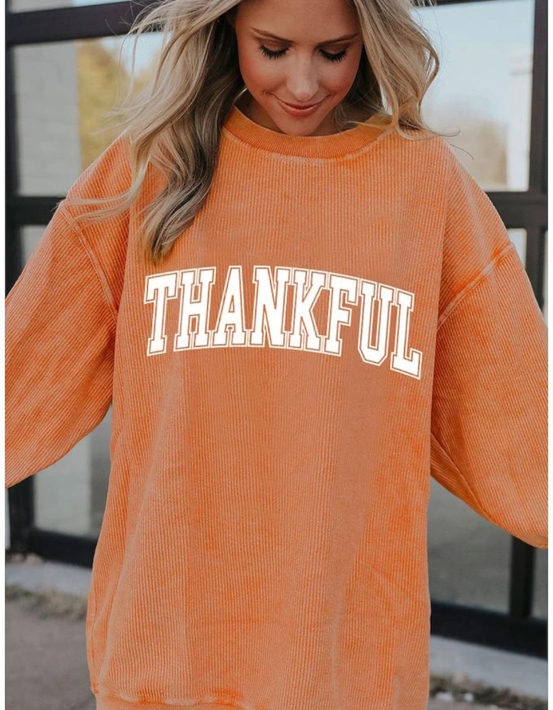 Orange THANKFUL Crew Neck Pullover Sweatshirt