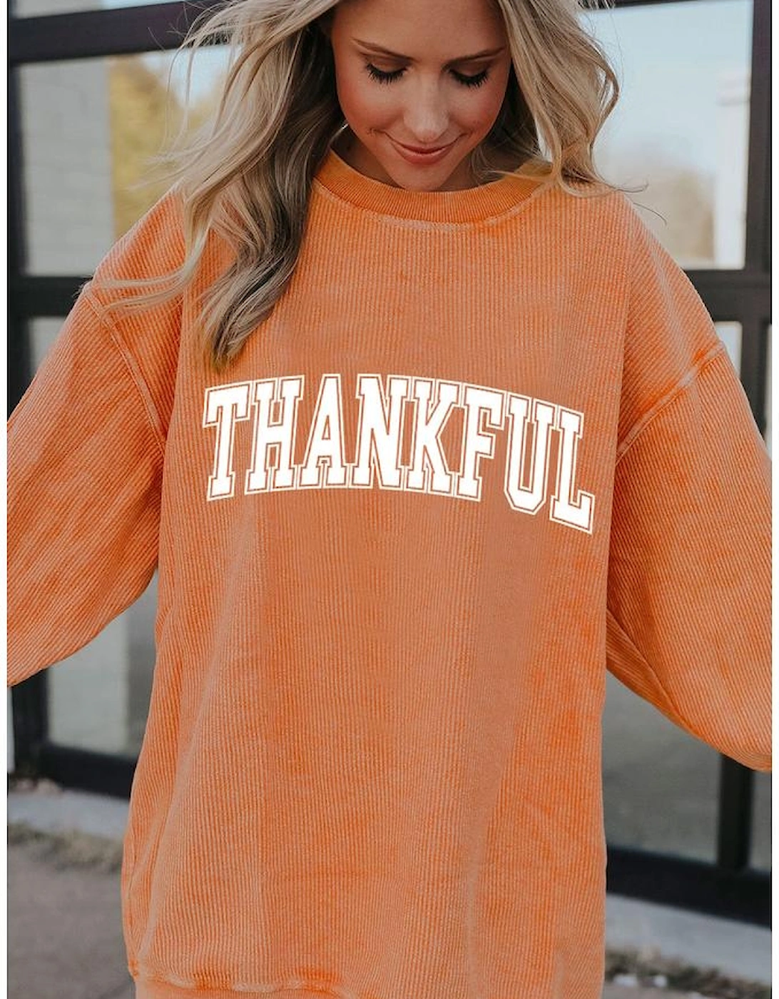 Orange THANKFUL Crew Neck Pullover Sweatshirt