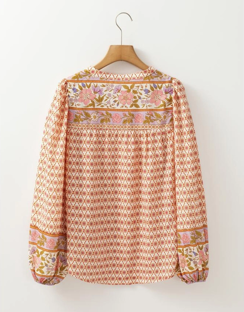 Multicolour Boho Floral Mixed Print Puff Sleeve Shirt