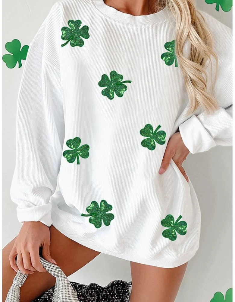 White Sequin Clover Patched Drop Shoulder Corded Sweatshirt
