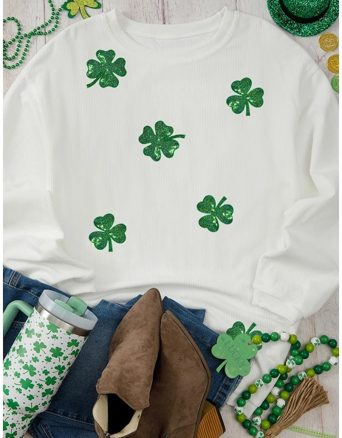 White Sequin Clover Patched Drop Shoulder Corded Sweatshirt