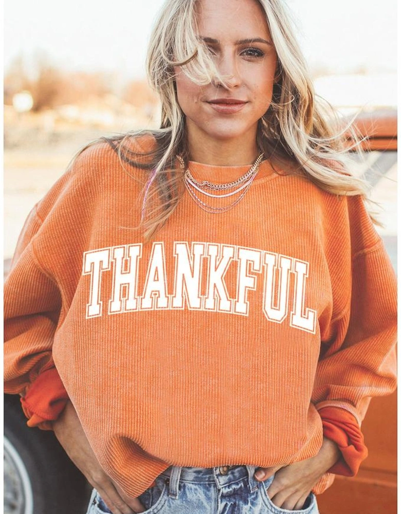 Orange THANKFUL Crew Neck Pullover Sweatshirt