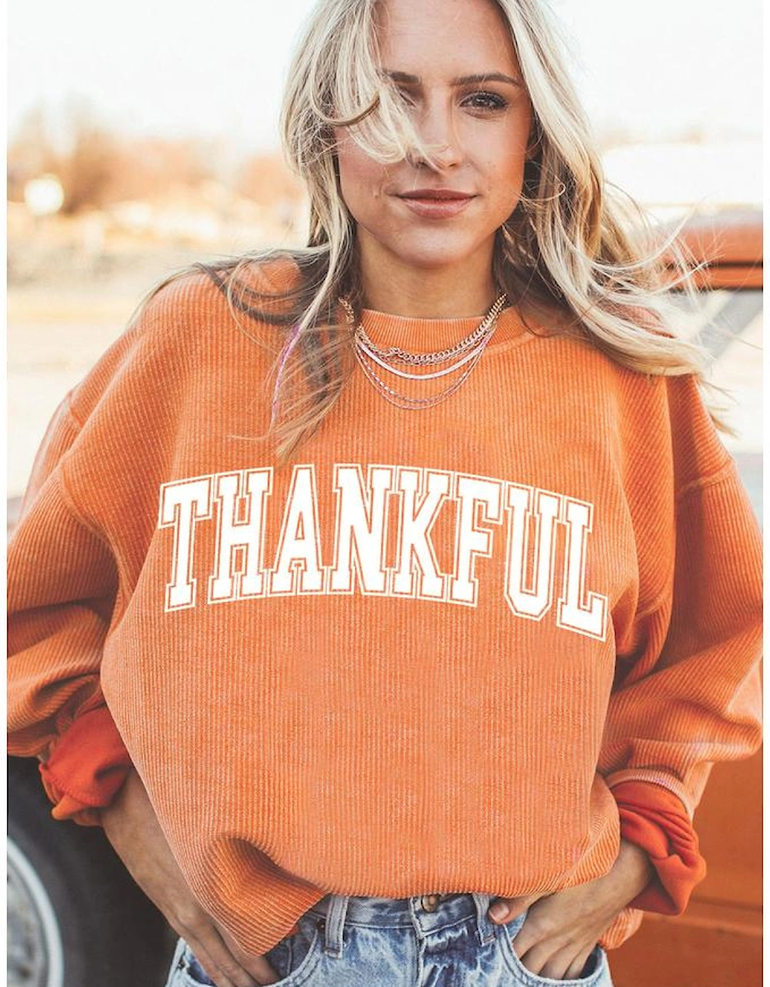 Orange THANKFUL Crew Neck Pullover Sweatshirt
