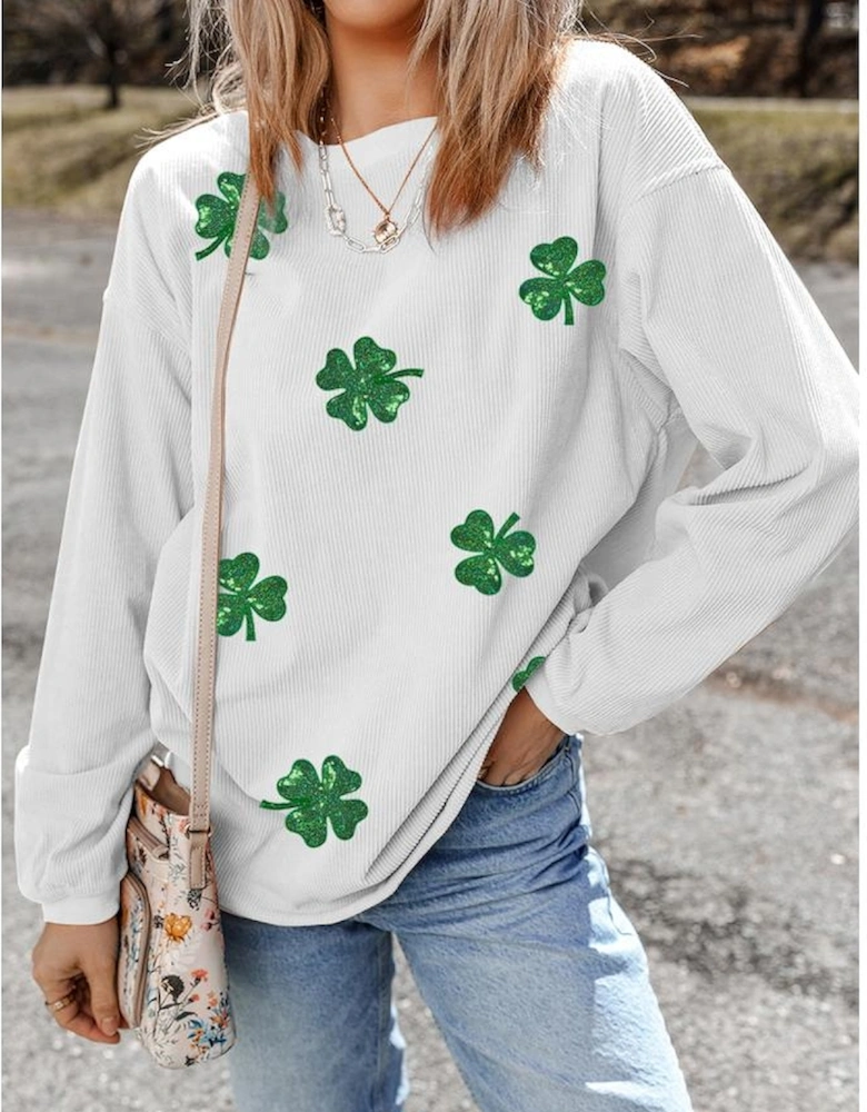 White Sequin Clover Patched Drop Shoulder Corded Sweatshirt