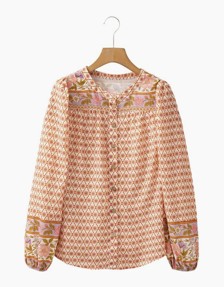 Multicolour Boho Floral Mixed Print Puff Sleeve Shirt
