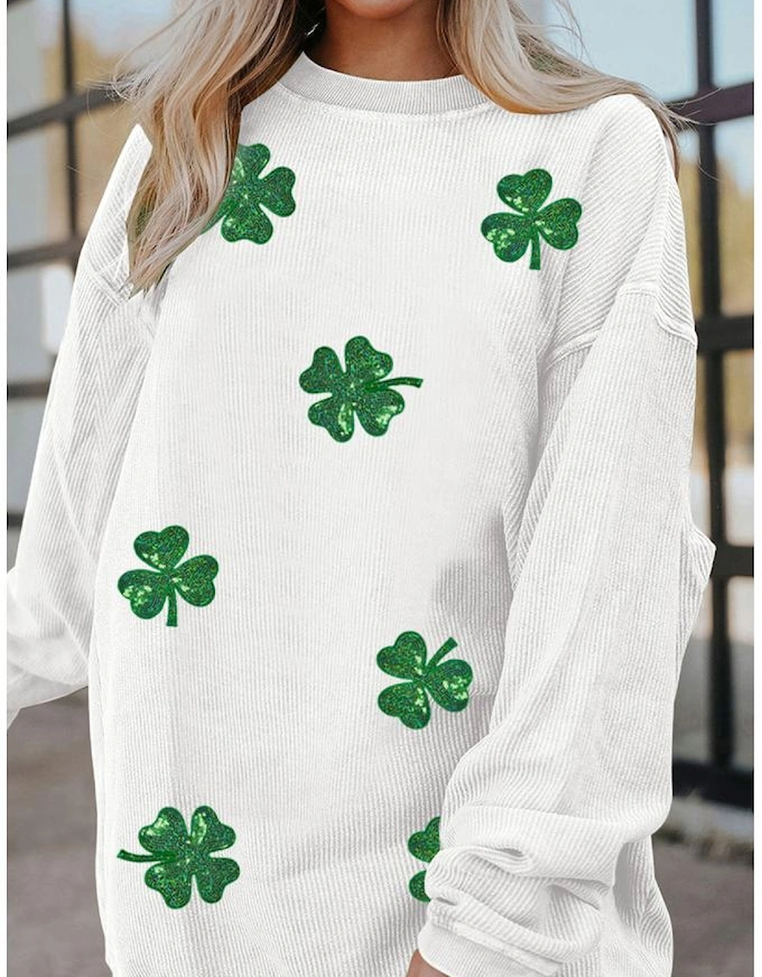 White Sequin Clover Patched Drop Shoulder Corded Sweatshirt
