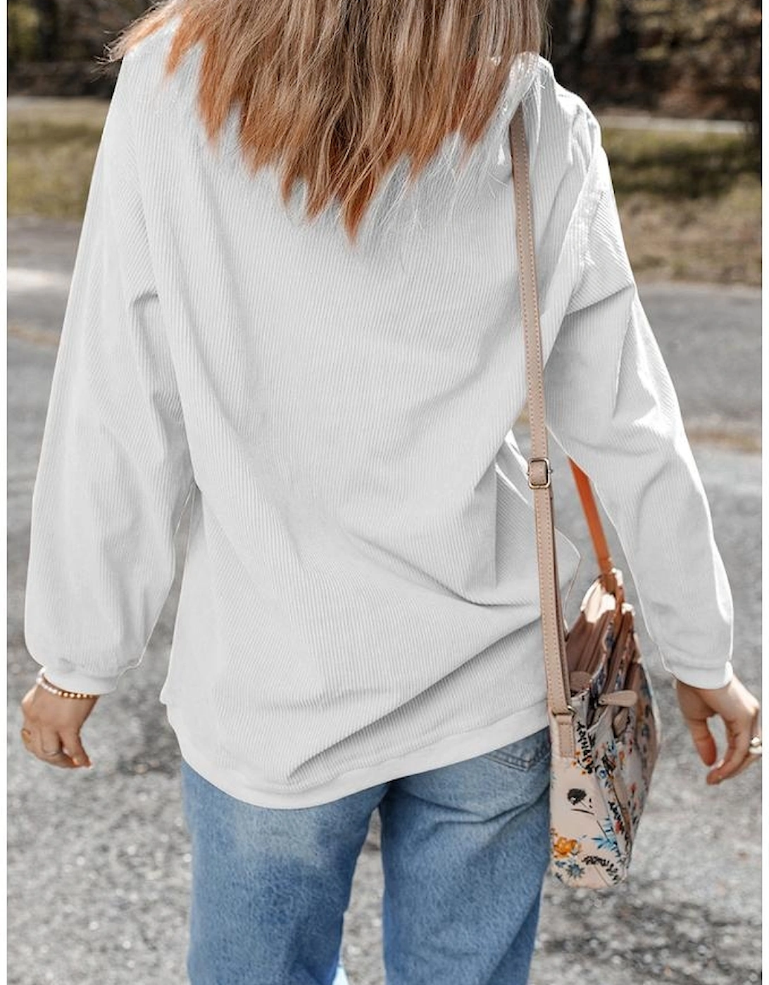 White Sequin Clover Patched Drop Shoulder Corded Sweatshirt