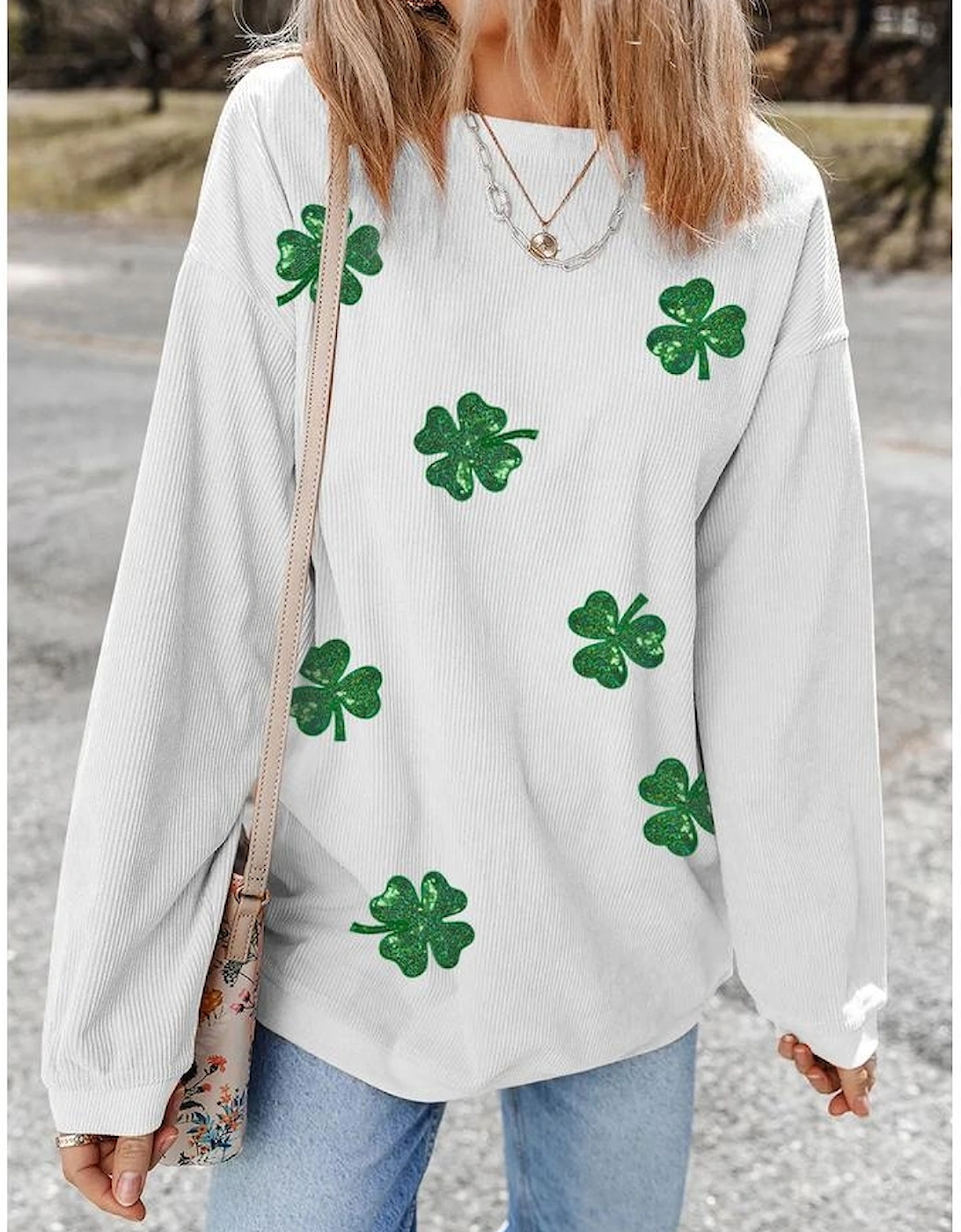 White Sequin Clover Patched Drop Shoulder Corded Sweatshirt