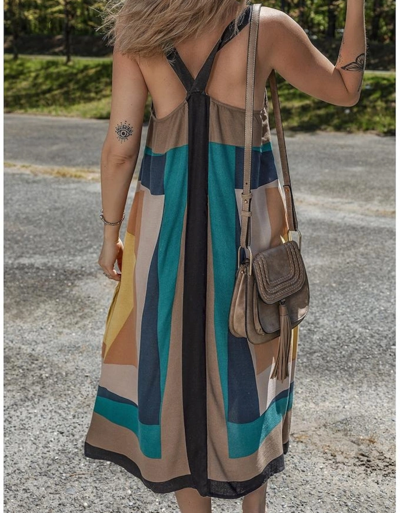 Brown Retro Geometric Printed Y Back Sleeveless Dress