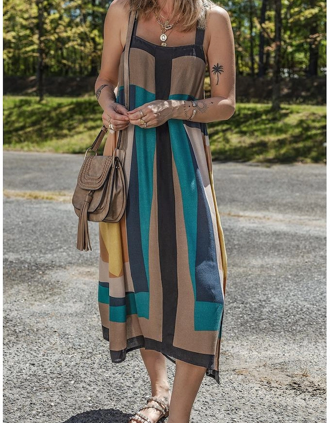 Brown Retro Geometric Printed Y Back Sleeveless Dress