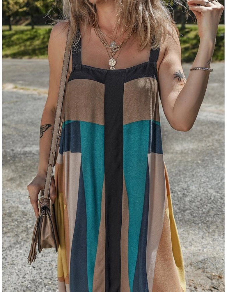 Brown Retro Geometric Printed Y Back Sleeveless Dress