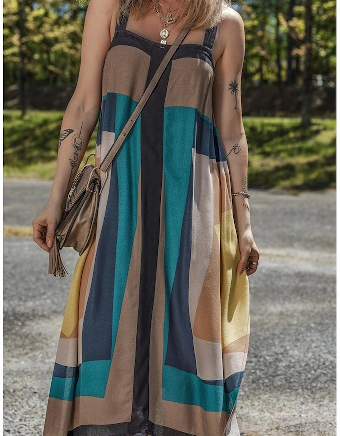 Brown Retro Geometric Printed Y Back Sleeveless Dress