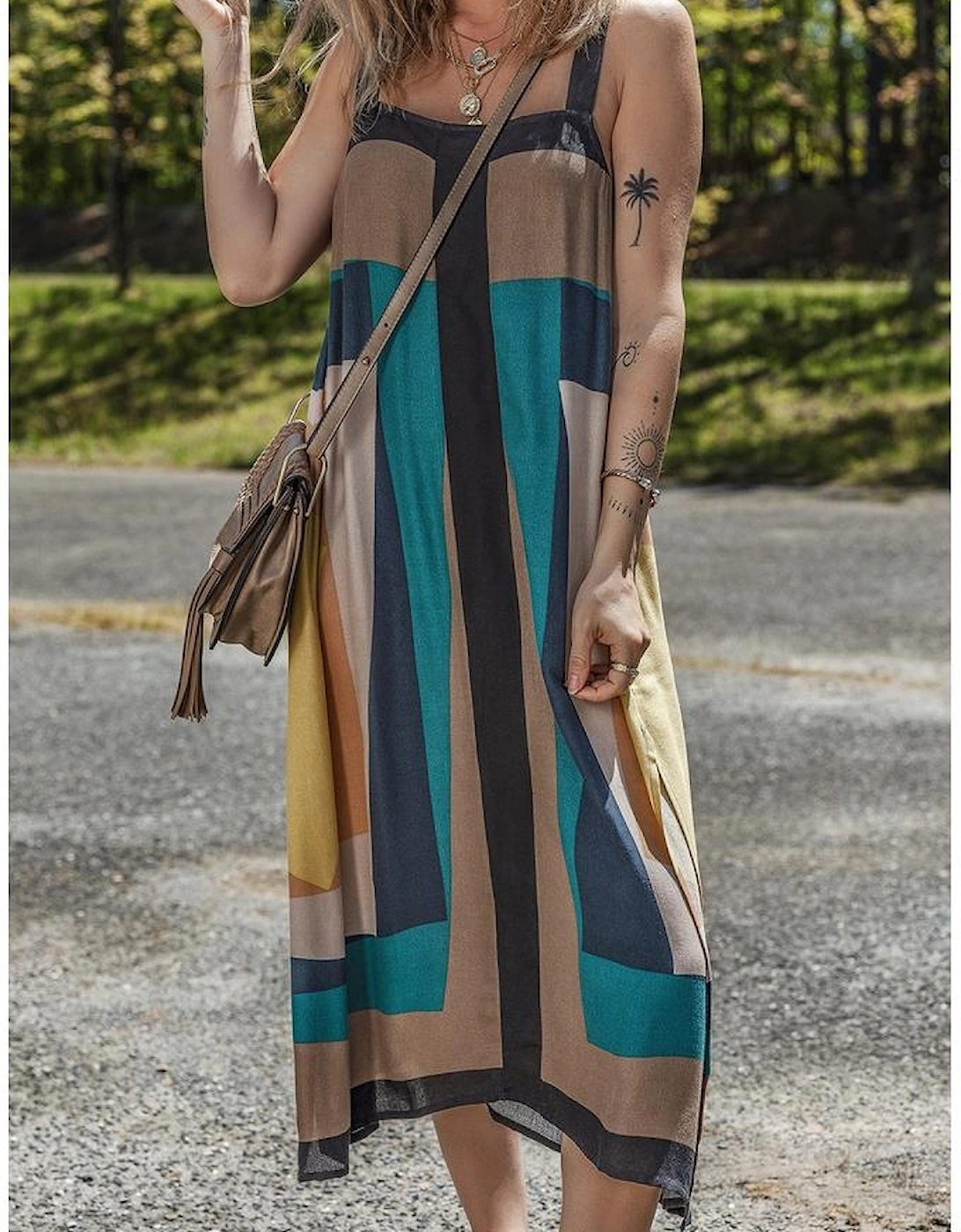 Brown Retro Geometric Printed Y Back Sleeveless Dress