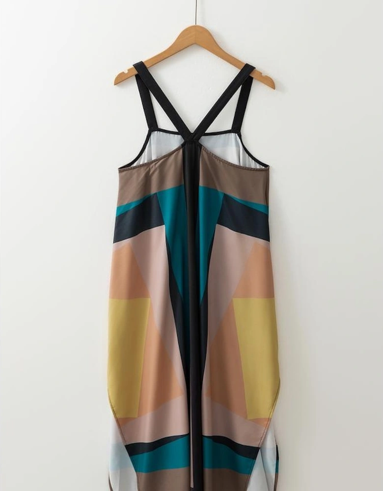 Brown Retro Geometric Printed Y Back Sleeveless Dress