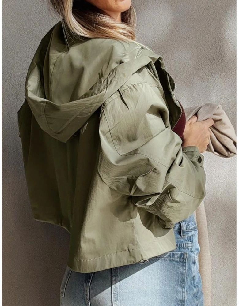 Laurel Green Zipped Pocket Cropped Hooded Utility Jacket