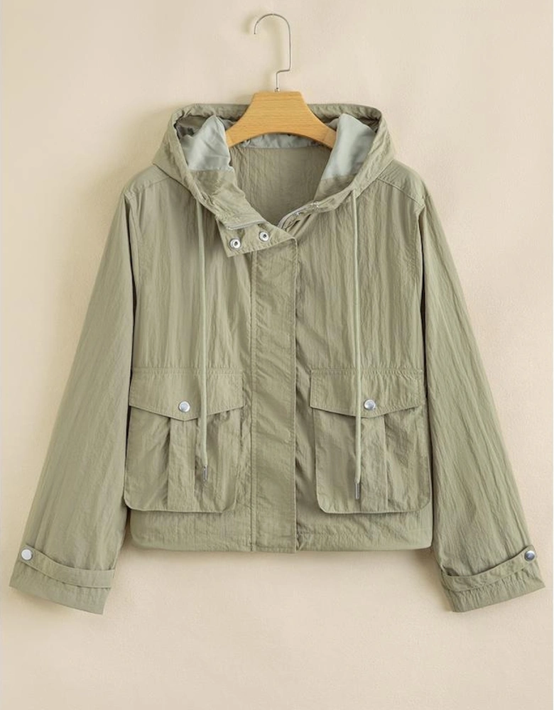 Laurel Green Zipped Pocket Cropped Hooded Utility Jacket