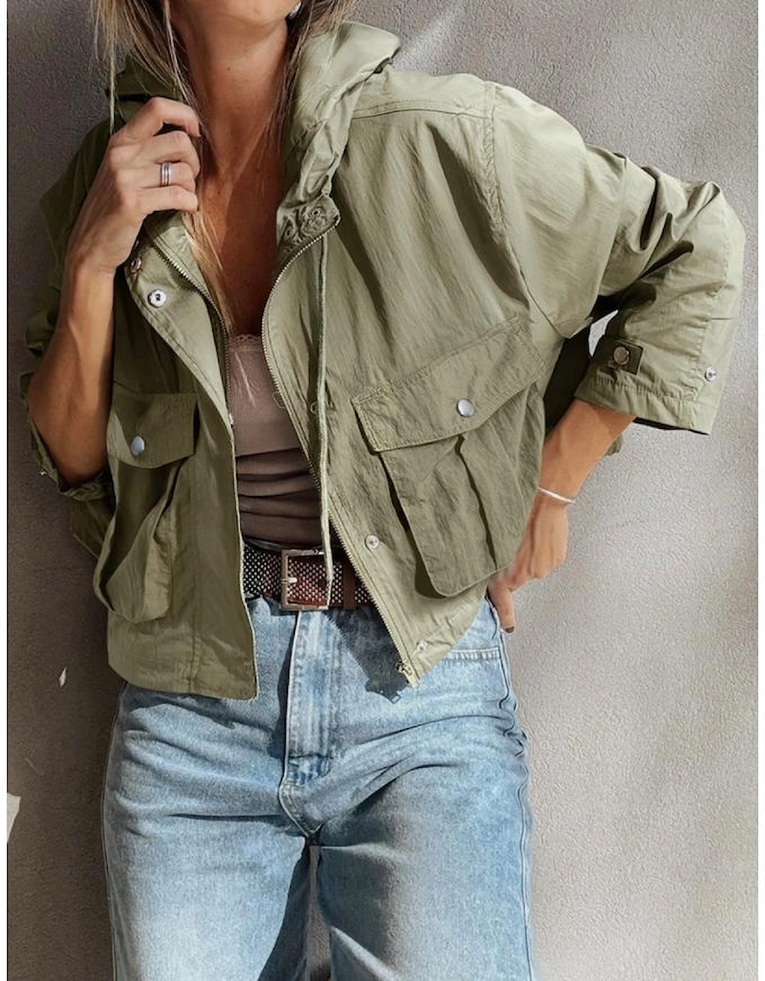 Laurel Green Zipped Pocket Cropped Hooded Utility Jacket