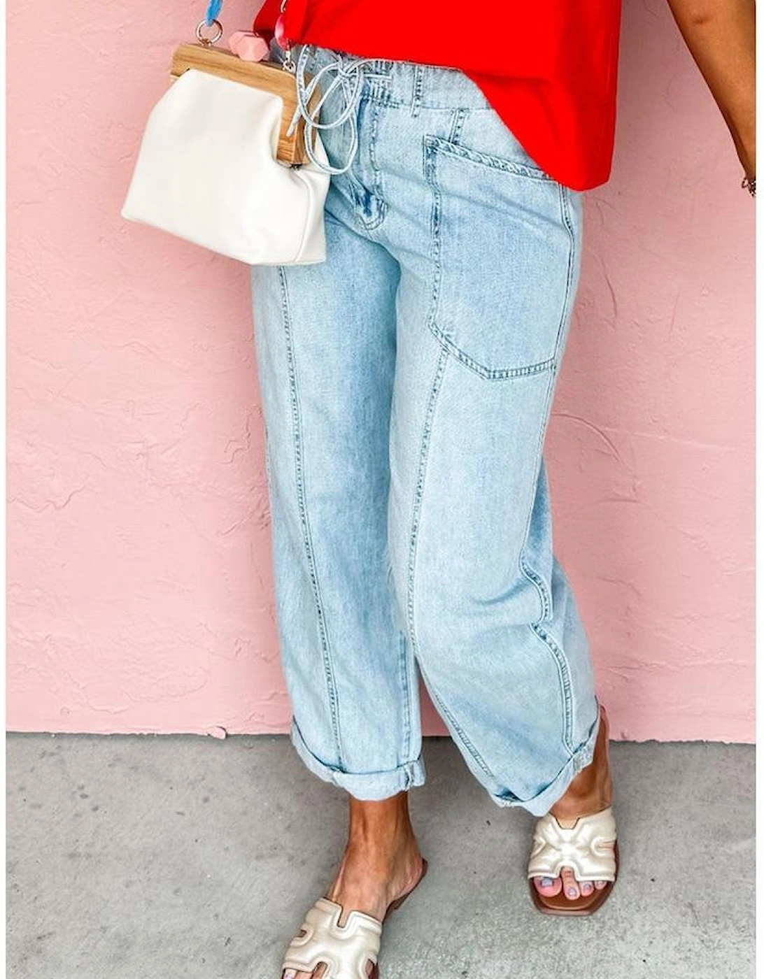 Myosotis Exposed Stitch Detail Drawstring Barrel Jeans