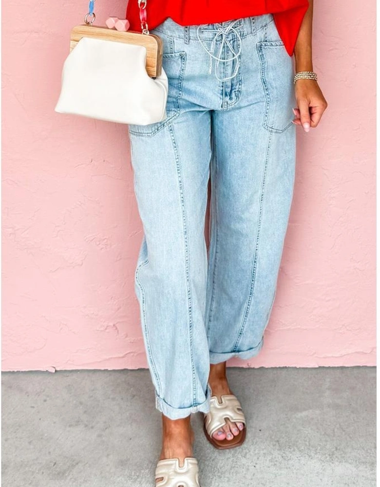 Myosotis Exposed Stitch Detail Drawstring Barrel Jeans