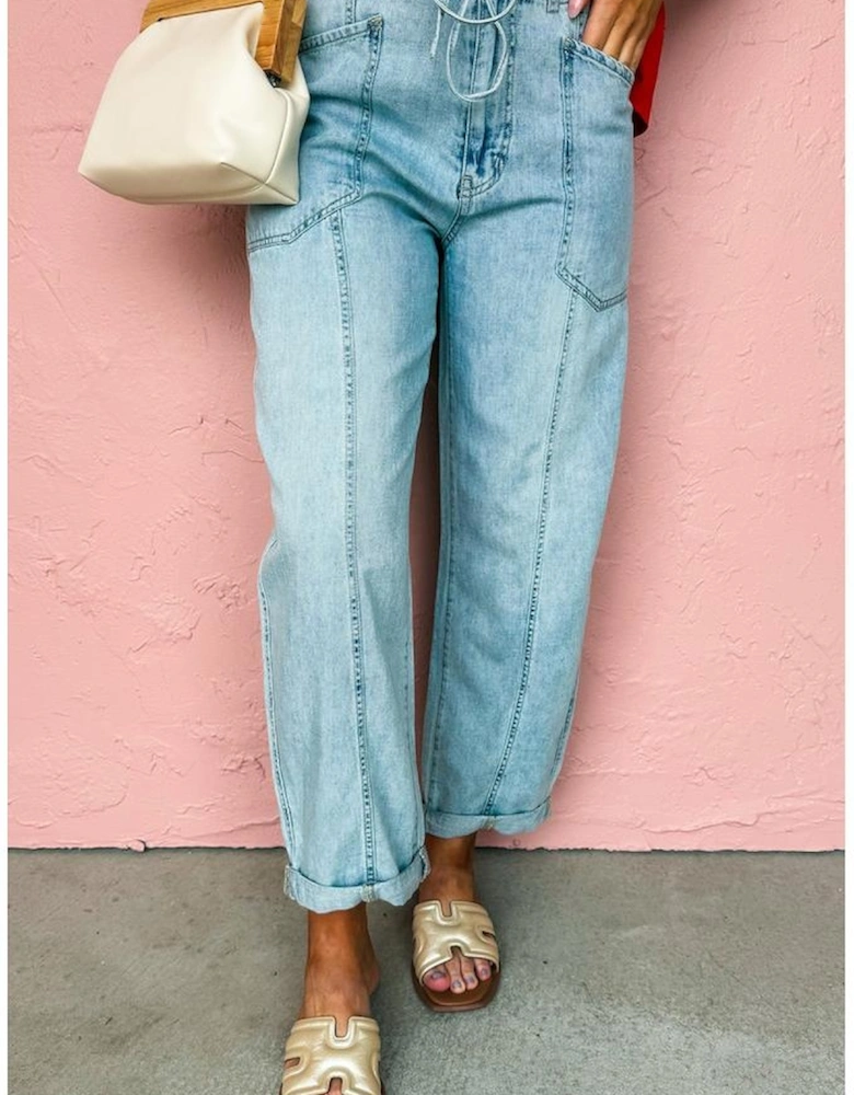 Myosotis Exposed Stitch Detail Drawstring Barrel Jeans