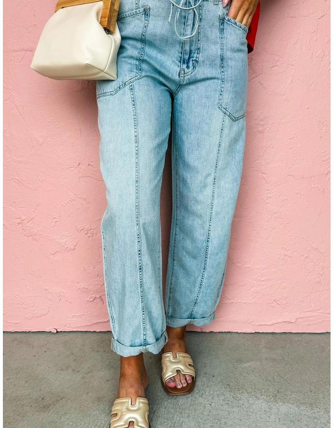 Myosotis Exposed Stitch Detail Drawstring Barrel Jeans