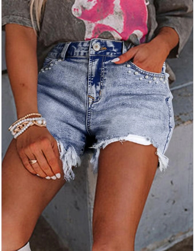 Beau Blue Pearl Studded Pockets Raw Hem Denim Shorts