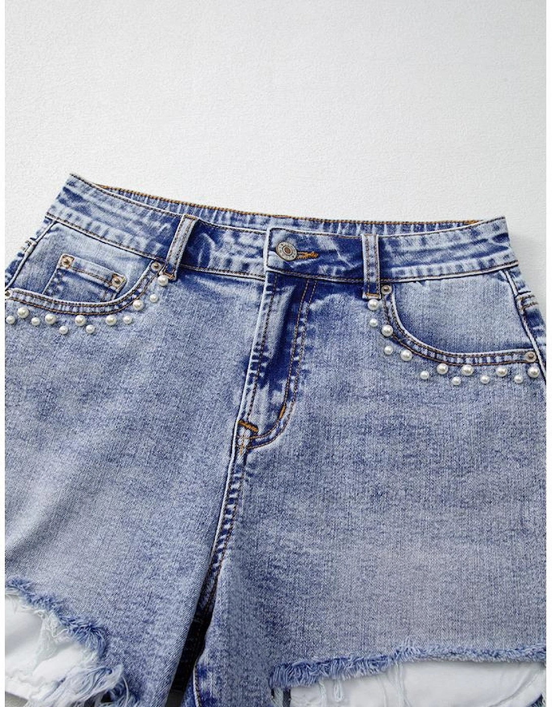 Beau Blue Pearl Studded Pockets Raw Hem Denim Shorts