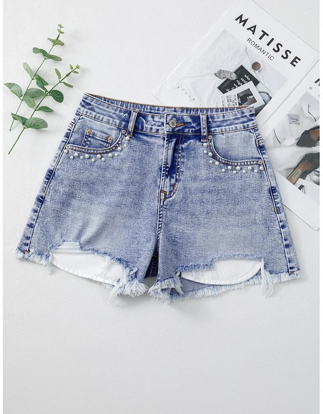 Beau Blue Pearl Studded Pockets Raw Hem Denim Shorts