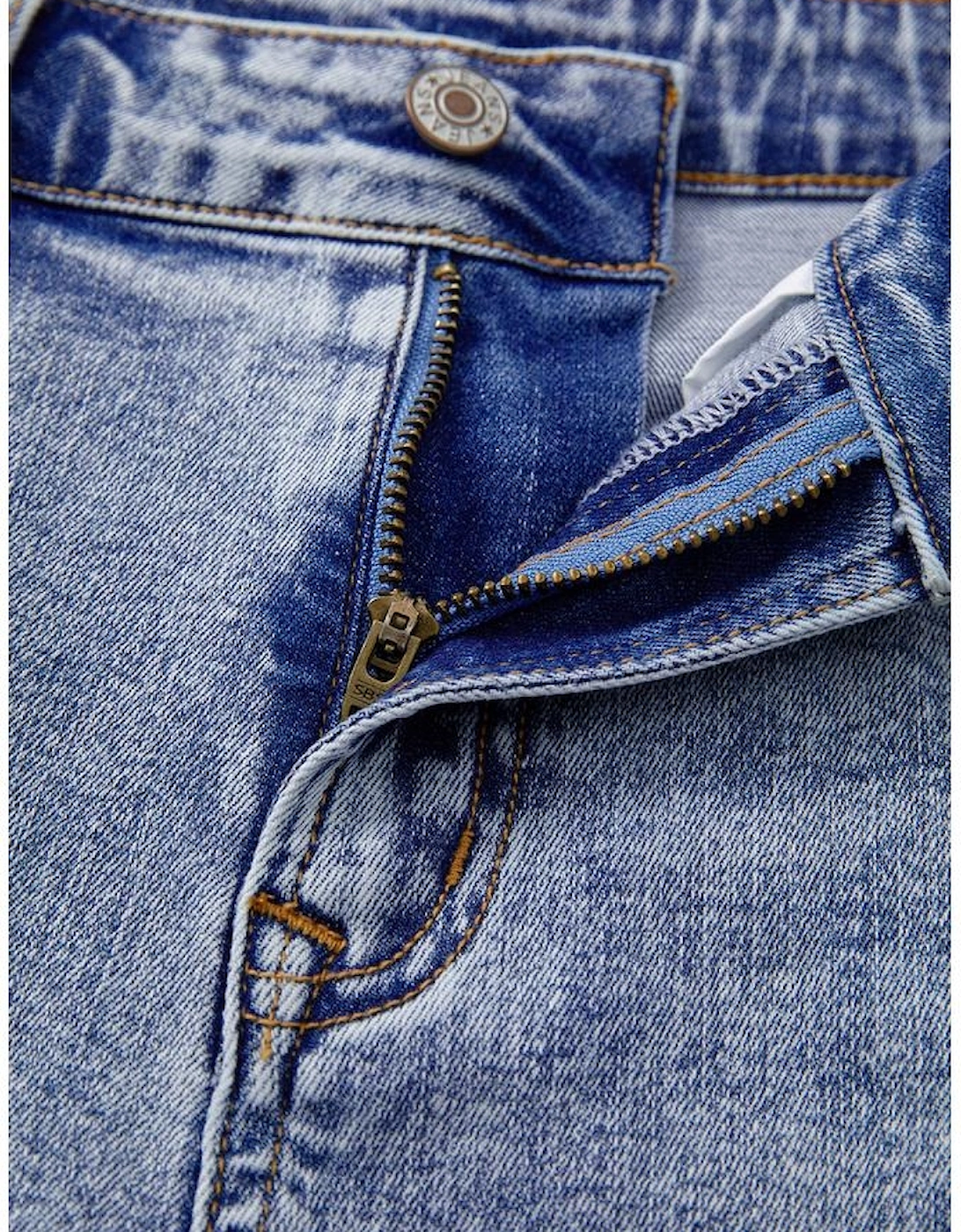 Beau Blue Pearl Studded Pockets Raw Hem Denim Shorts