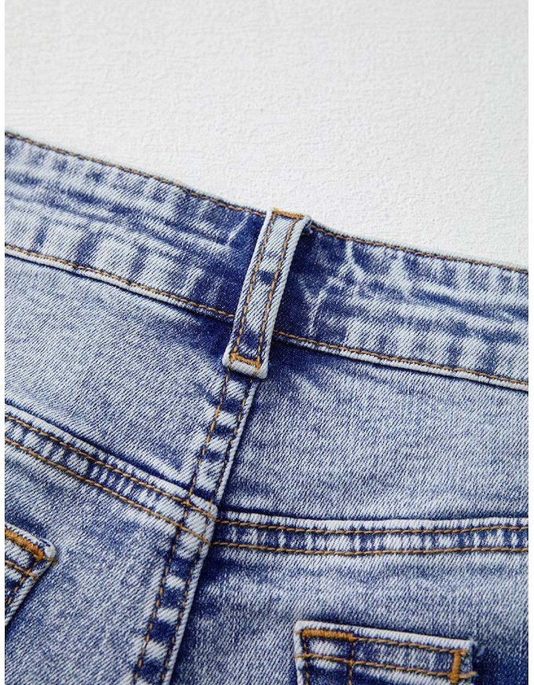 Beau Blue Pearl Studded Pockets Raw Hem Denim Shorts