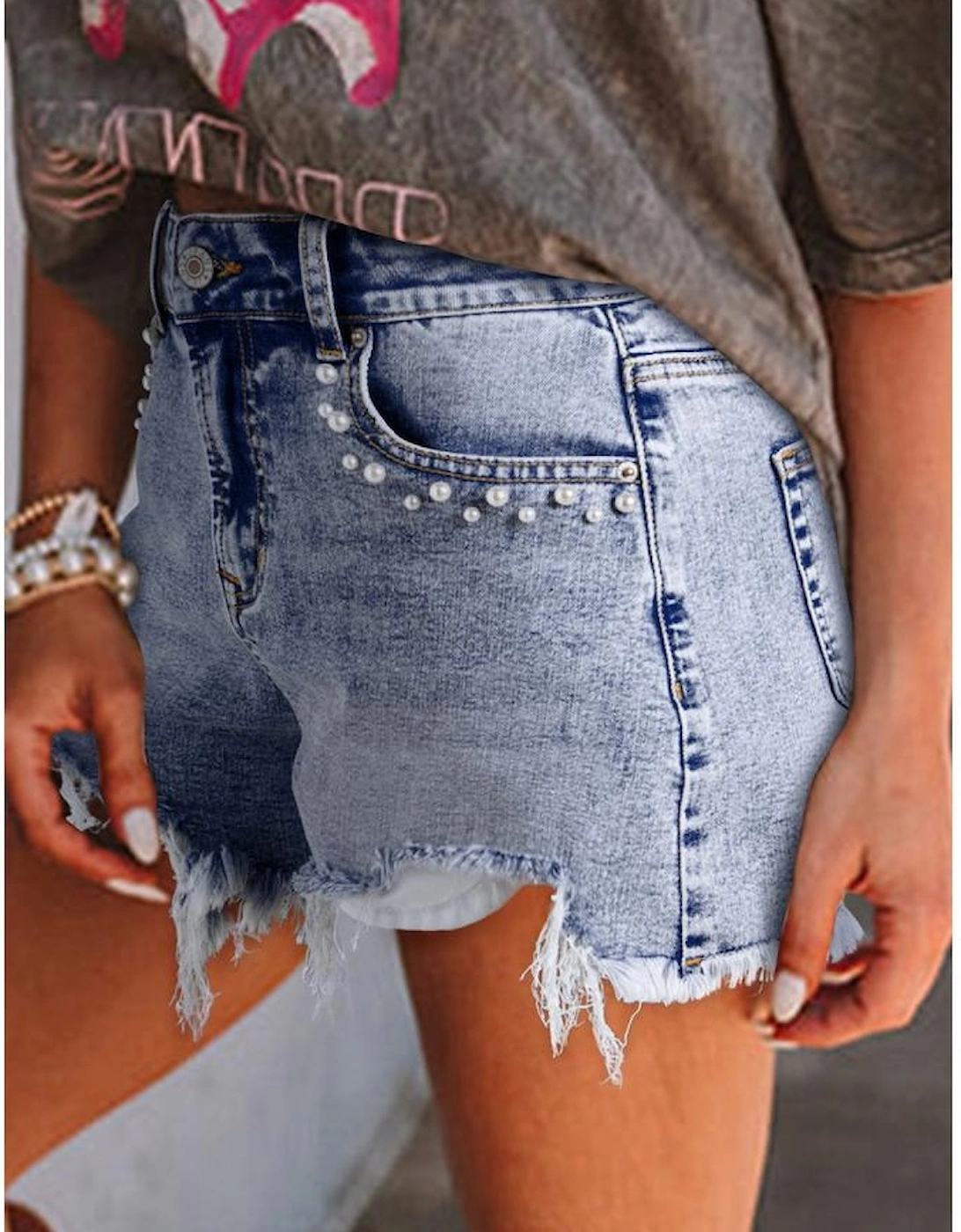 Beau Blue Pearl Studded Pockets Raw Hem Denim Shorts