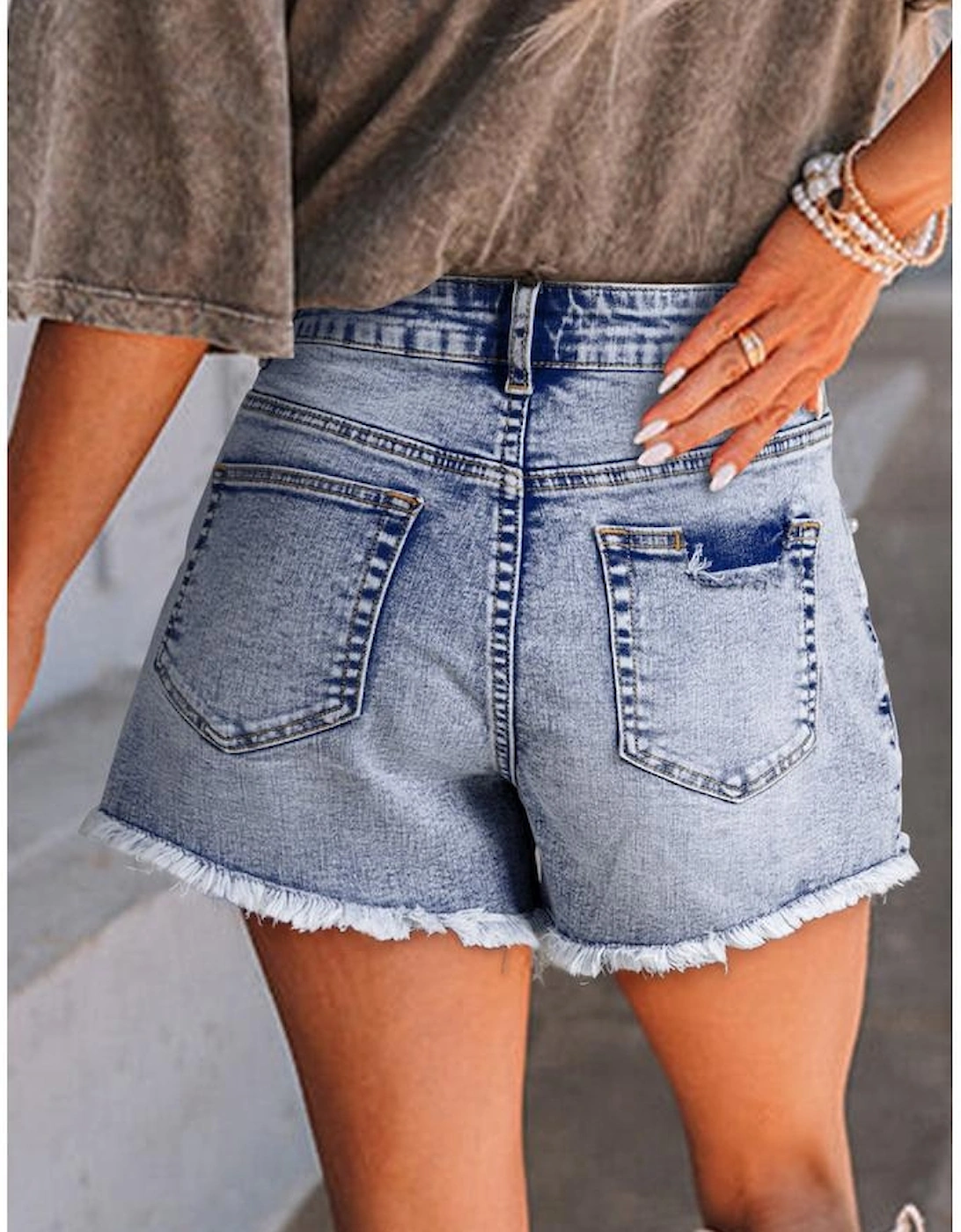 Beau Blue Pearl Studded Pockets Raw Hem Denim Shorts