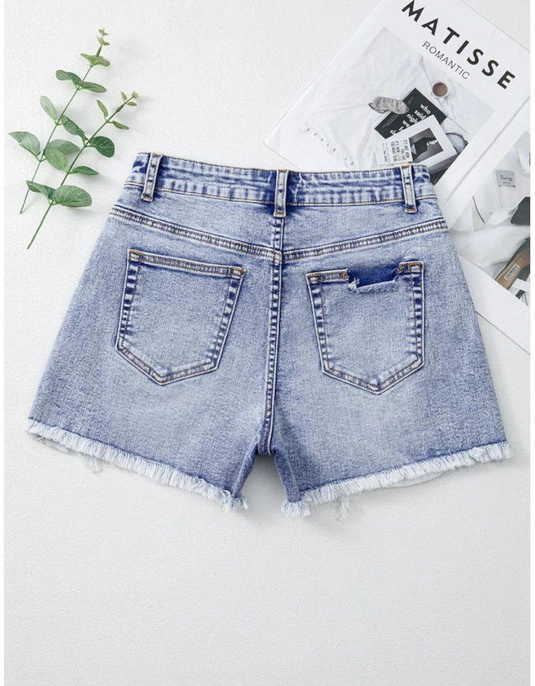Beau Blue Pearl Studded Pockets Raw Hem Denim Shorts