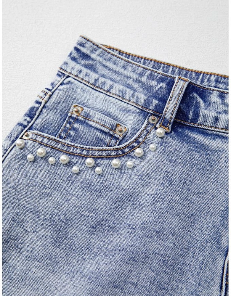 Beau Blue Pearl Studded Pockets Raw Hem Denim Shorts