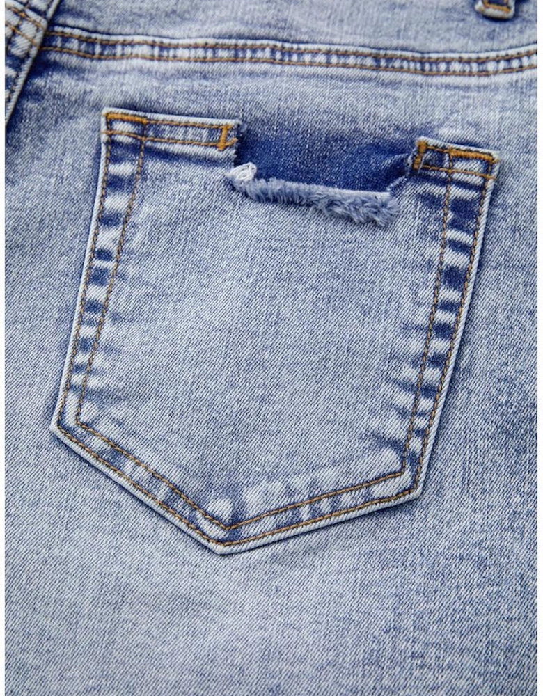 Beau Blue Pearl Studded Pockets Raw Hem Denim Shorts