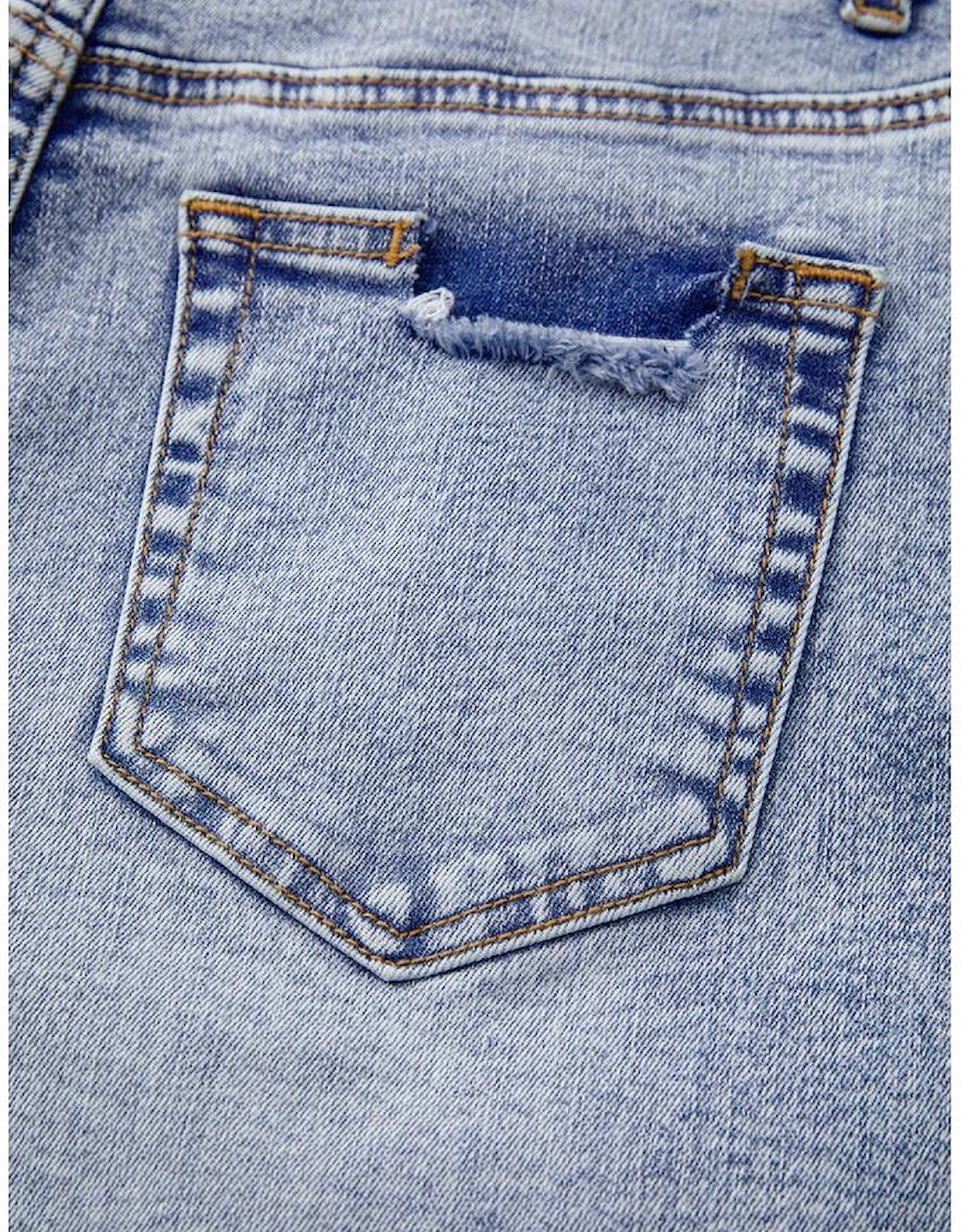 Beau Blue Pearl Studded Pockets Raw Hem Denim Shorts